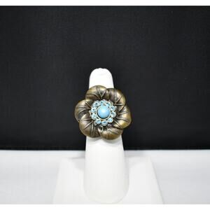 Vintage Brass Flower Ring, Light Blue Rhinestones, 1960s Jewelry